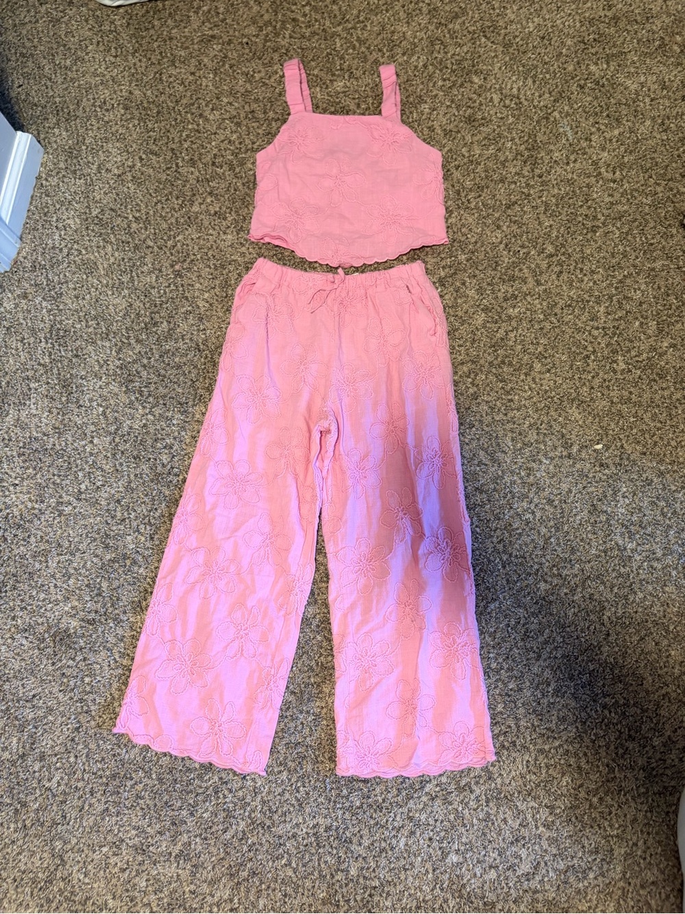 Zara Pink Floral Eyelet Crop Tank & Wide-Leg Pants Set